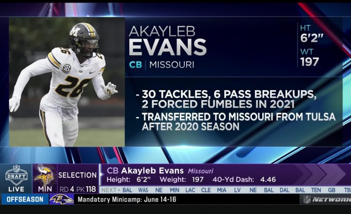 Vikings Select CB Akayleb Evans In Round 4 of the 2022 NFL Draft