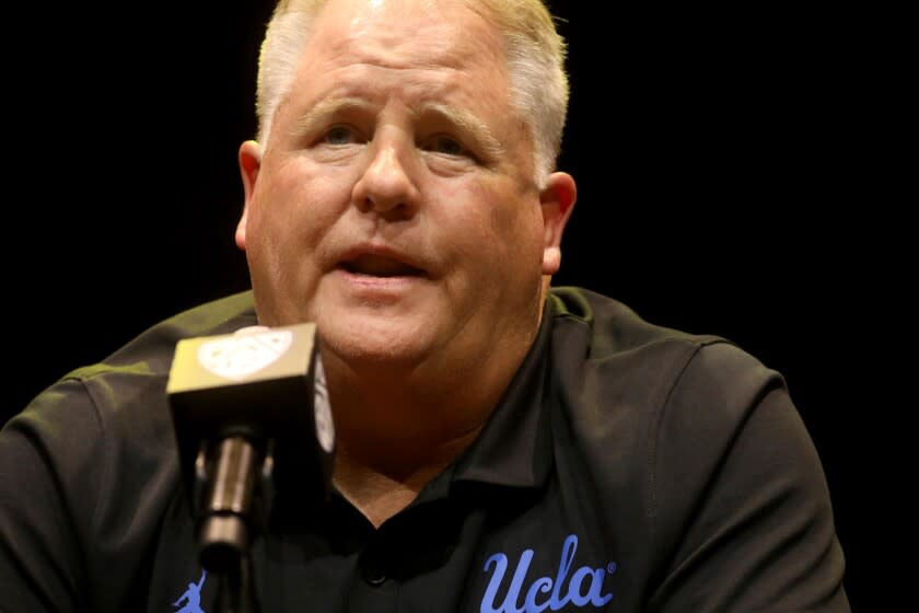 LOS ANGELES, CA - JULY 29, 2022 - - UCLA Head Coach Chip Kelly answers a question during a Q &amp; A session during the Pac-12 Media Day at The Novo at L.A. LIVE on July 29, 2022. (Genaro Molina / Los Angeles Times)
