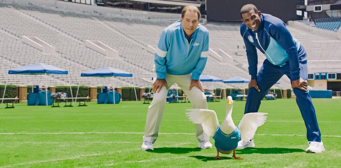 Deion Sanders calls Nick Saban 'The GOAT' on set for new Aflac commercial