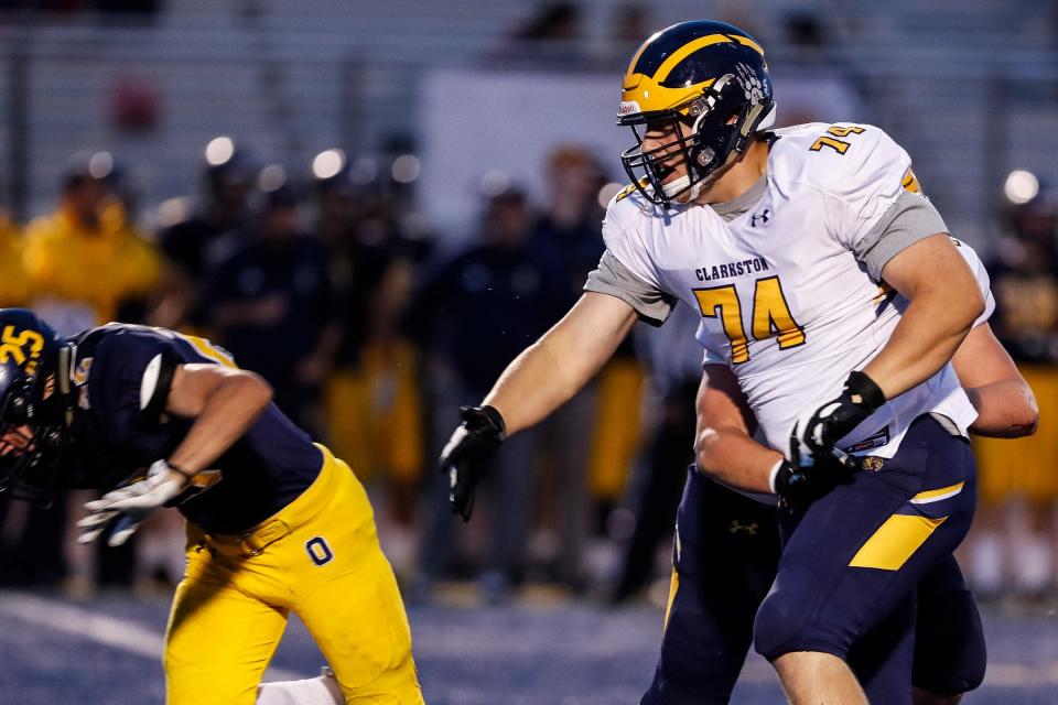 Clarkston offensive tackle Garrett Dellinger (74) during second half against Oxford at Oxford High School in Oxford, Friday, Sept. 27, 2019.