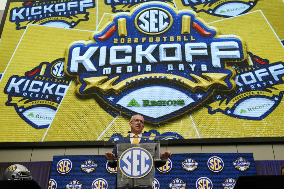 Southeastern Conference commissioner Greg Sankey speaks during SEC Media Days, Monday, July 18, 2022, in Atlanta. (AP Photo/John Bazemore)