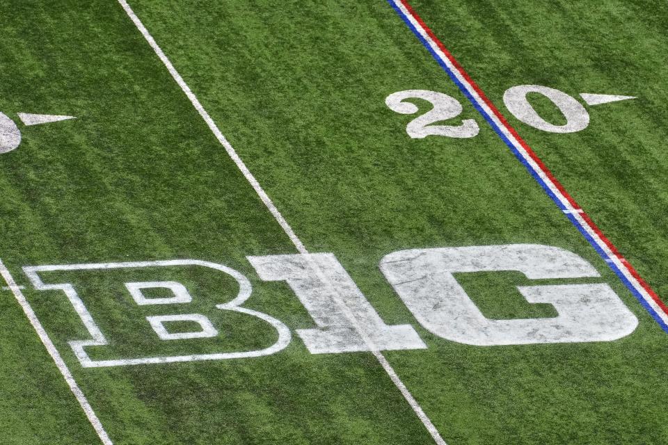 A detailed view of the Big Ten logo is seen during the Big Ten championship game on Dec. 4, 2021. (Robin Alam/Icon Sportswire via Getty Images)