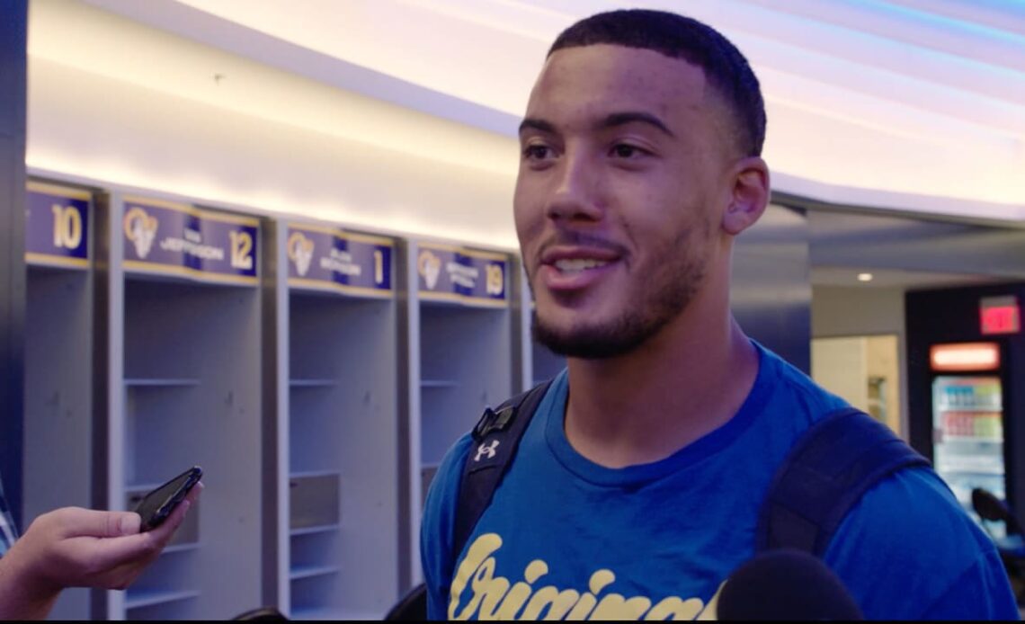 Los Angeles Rams wide receiver Lance McCutcheon locker room press conference after two touchdowns vs Los Angeles Chargers at SoFi Stadium