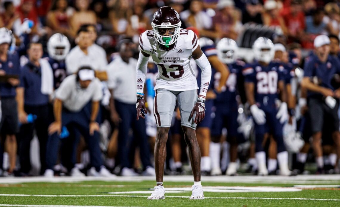 TUCSON, AZ - September 11, 2022 - Mississippi State Defensive Back Emmanuel Forbes (#13) during the game between the Mississippi State Bulldogs and the Arizona Wildcats at Arizona Stadium in Tucson, AZ. Photo By Kevin Snyder