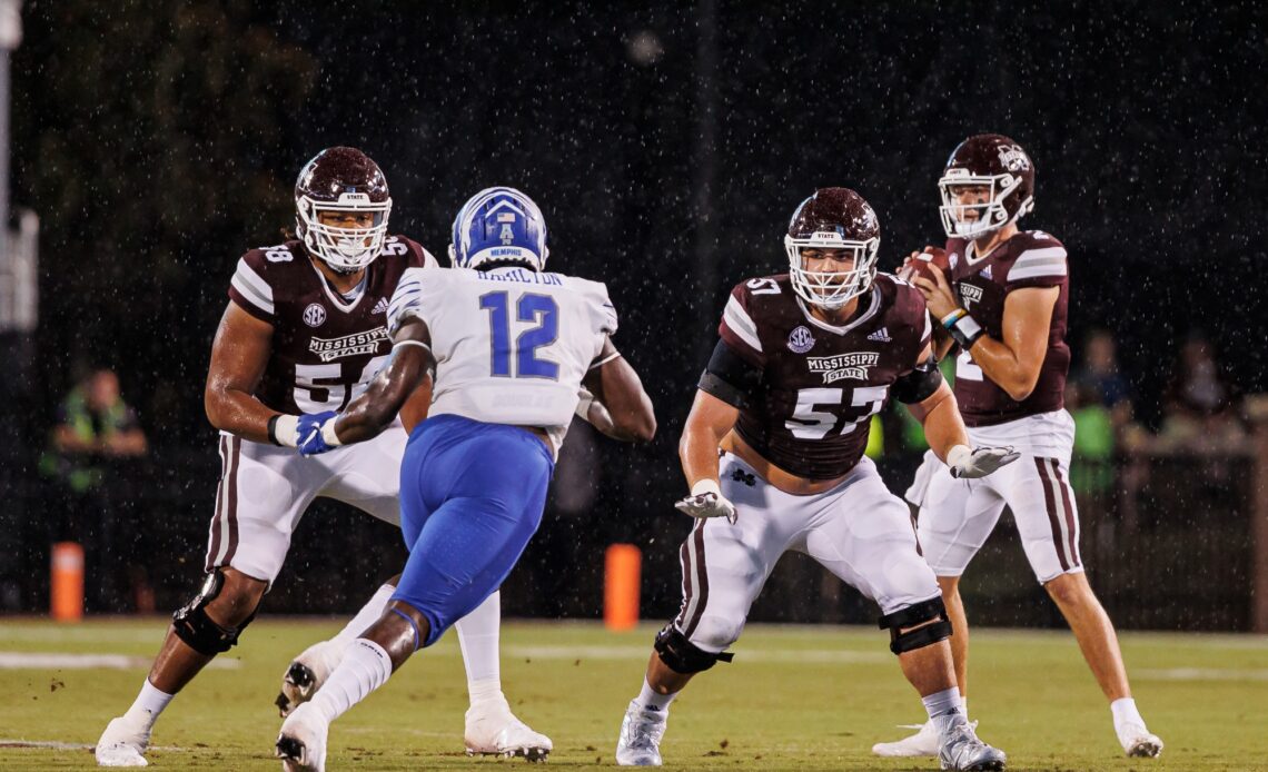 STARKVILLE, MS - September 03, 2022 - Mississippi State Offensive Lineman Kameron Jones (#58) and Mississippi State Offensive Lineman Cole Smith (#57) during the game between the Memphis Tigers and the Mississippi State Bulldogs at Davis Wade Stadium at Scott Field in Starkville, MS. Photo By Mike Mattina