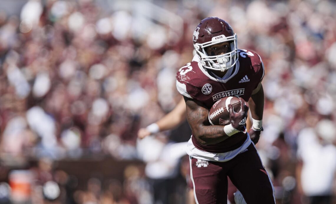 STARKVILLE, MS - October 08, 2022 - Mississippi State Running Back Dillon Johnson (#23) during the Homecoming game between the Arkansas Razorbacks and the Mississippi State Bulldogs at Davis Wade Stadium at Scott Field in Starkville, MS. Photo By Mike Mattina