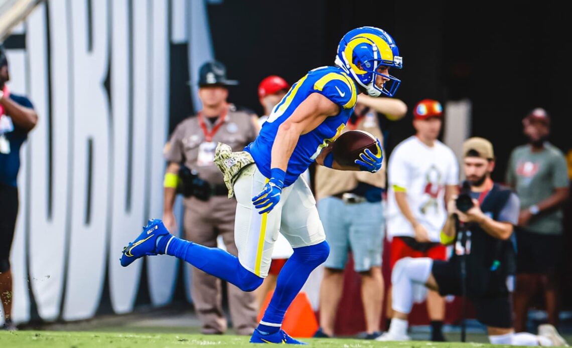 Los Angeles Rams quarterback Matthew Stafford hits wide receiver Cooper Kupp on a 34-yard deep ball