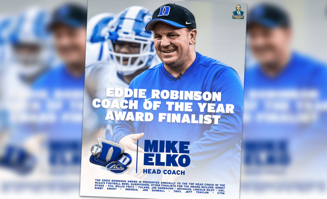 Duke head coach Mike Elko has been selected as one of eight finalists for the Eddie Robinson Coach of the Year Award presented by the Football Writers Association of America (FWAA) in conjunction with the Allstate Sugar Bowl.