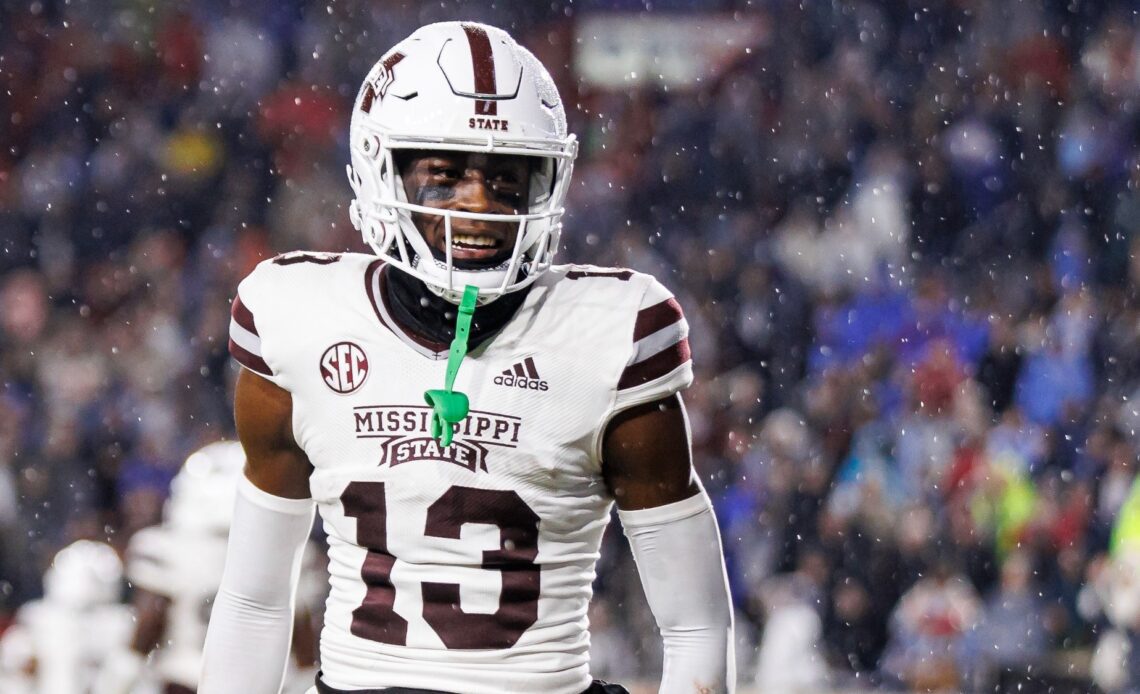 OXFORD, MS - November 24, 2022 - Mississippi State Defensive Back Emmanuel Forbes (#13) during the Battle for the Golden Egg between the Mississippi State Bulldogs and the Ole Miss Rebels at Vaught Hemingway Stadium in Oxford, MS. Photo By Mike Mattina