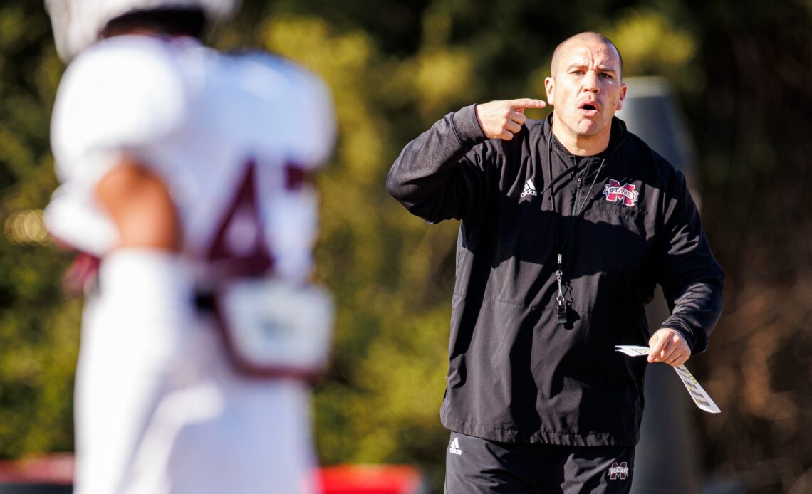 STARKVILLE, MS - March 21, 2023 - Mississippi State Head Coach Zach Arnett during spring practice at the Leo Seal Jr. Football Complex at Mississippi State University in Starkville, MS. Photo By Jaden Powell