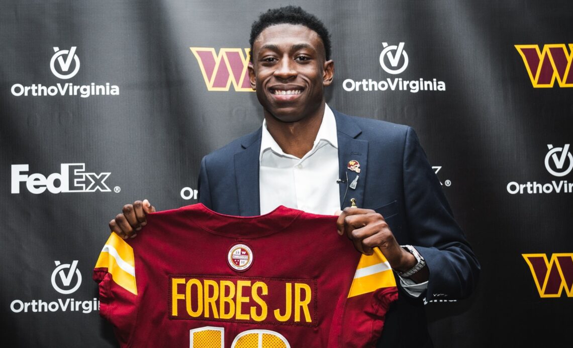 ASHBURN, VA - April 28, 2023 - Former Mississippi State Cornerback and Washington Commanders 2023 First Round Draft Pick Emmanuel Forbes Jr (#13) during Forbes?s press conference at OrthoVirginia Training Center at Commanders Park in Ashburn, VA. Photo By Kourtney Carroll