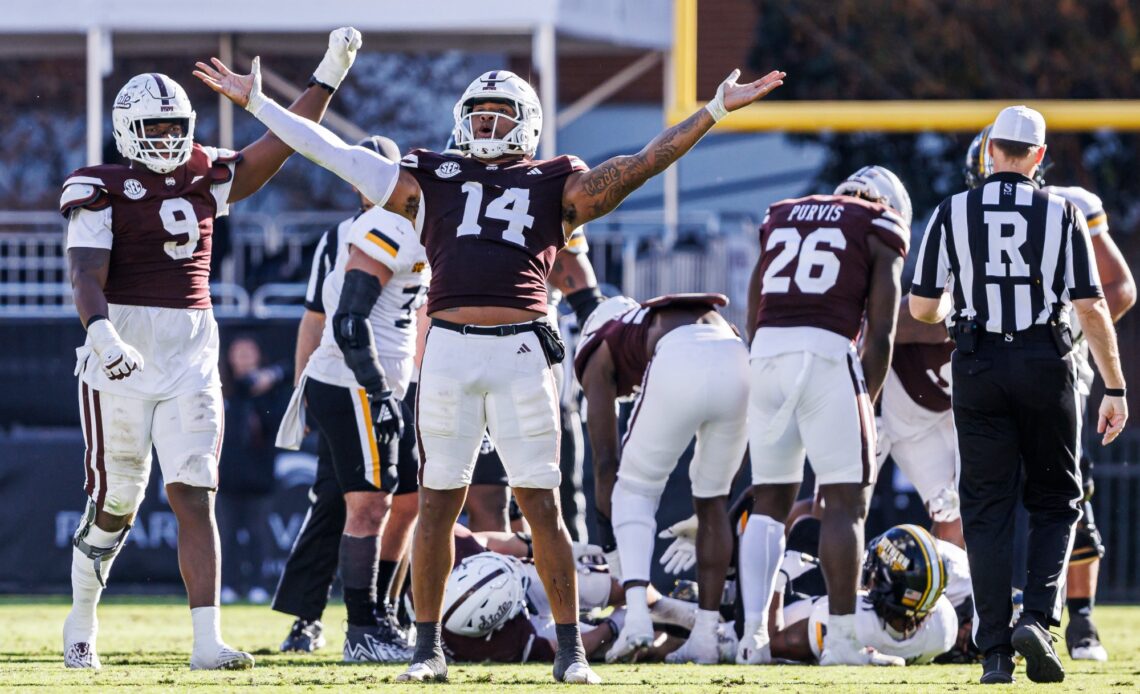 STARKVILLE, MS - November 18, 2023 - Mississippi State Linebacker Nathaniel Watson (#14) during the game between the Southern Mississippi Golden Eagles and the Mississippi State Bulldogs at Davis Wade Stadium at Scott Field in Starkville, MS. Photo By Ivy Rose Ball