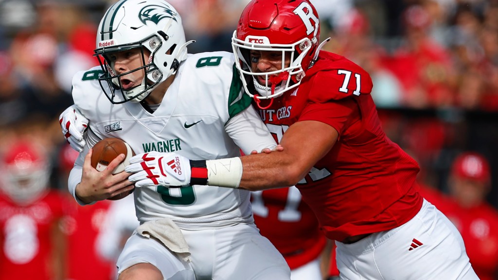 Rutgers’ Aaron Lewis is ranked among the top in quarterback pressures