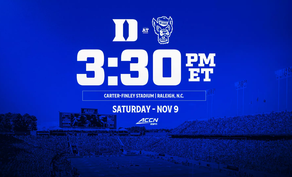 A graphic showing Duke's game at NC State on November 9, 2024, kicks at 3:30 p.m. on ACC Network.